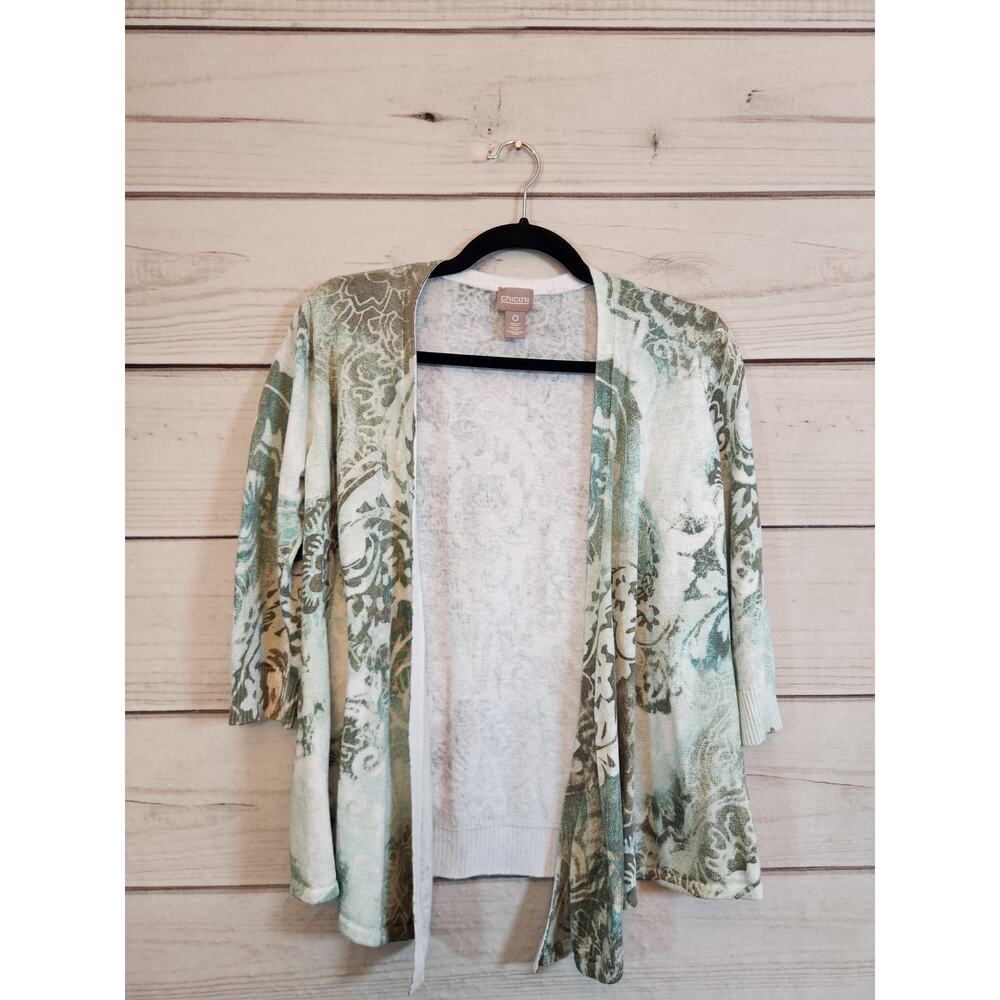 Chico's Women's Green Paisley Long Sleeve Open Front Cardigan Sweater Size S